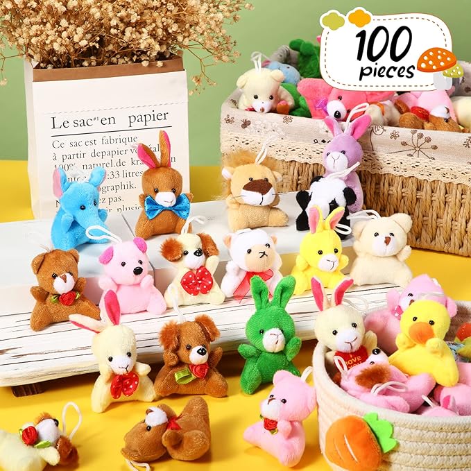 Zhanmai 100 Pcs Mini Plush Stuffed Animal Bulk Small Animal Toys Keychain Party Favors Easter Egg Stuff for Kids Birthday Valentine Carnival Classroom Prizes Gift Goodie Bag Filler(Cute Style)