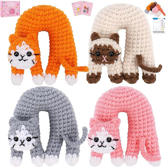 Crochet Kit for Beginners, 4 Pack Funny Cat Crochet Kits, Animal Starter Crochet Kit with Step-by-Step Video Tutorials, Easy DIY Cat Craft for Adults & Kids, Novelty Gift for Crochet Lovers