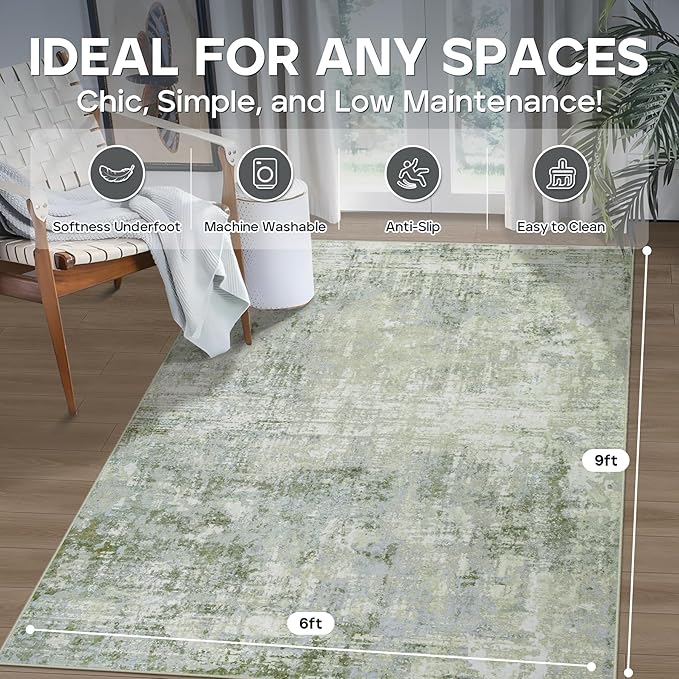 6x9 Area Rugs for Living Room Rug Washable: Modern Rug for Dining Room Bedroom Carpet Non Slip Low Pile 6 by 9 Indoor Abstract Nursery Home Office Green