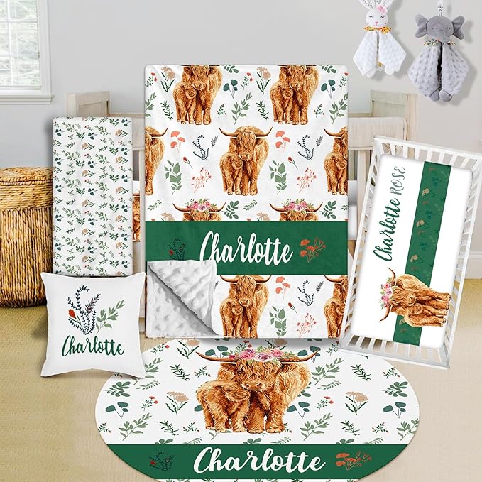 Custom Crib Bedding Set - Highland Cow Design Personalized Name Baby Nursery Bed 3 Pcs Set - Chic Soft Blanket with Dotted Backing, Sheet, Pillowcase for Newborn Girls Boys Gifts Color04