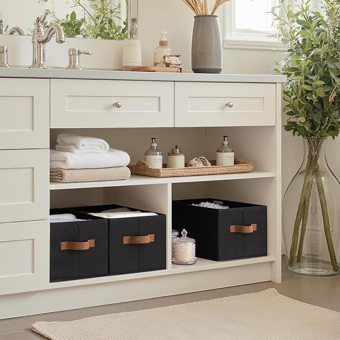 StorageWorks Storage Baskets for Shelves, Foldable Fabric Closet Storage Bins with Handles, Clothes Organizer Laundry Baskets, Black, 3-Pack, Large