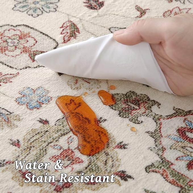 Washable 9x12 Area Rugs for Living Room, Boho Non-Slip Silicone Backing Rugs for Bedroom Dining Room Nursery Office, 0.3" Neutral Oriental Throw Carpet with 0.16" Cushioning Pad, Light Beige/Multi