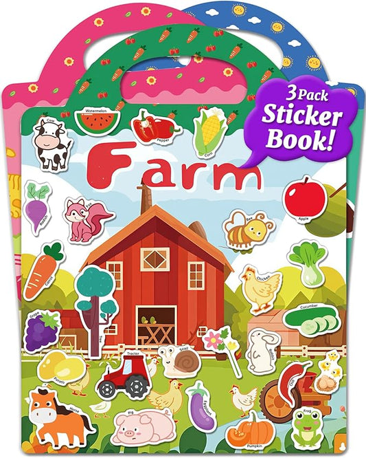 Benresive Reusable Sticker Books for Kids 2-4, Sticker Books for Toddlers 1-3 2-4, Toddler Travel Toys Activities Crafts Gifts - Farm, Animal and Season