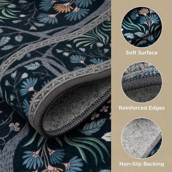 Joydeco Floral Washable Runner Rug for Kitchen, Forest Hallway Rug Runner 2x6 Non Slip, Boho Botanical Ultra-Thin Soft Indoor Floor Throw Carpet for Bathroom Entryway Foyer, Blue-Black