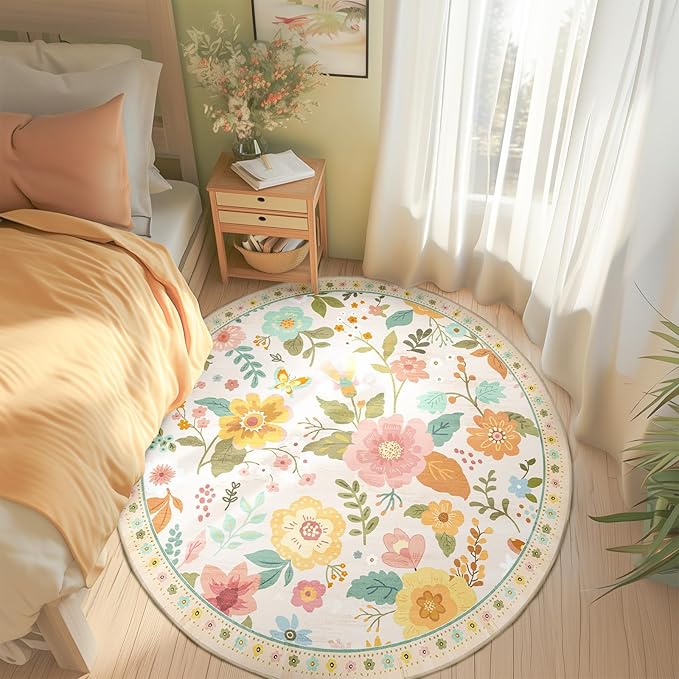 Floral 4ft Area Rug Machine Washable Soft Print Boho Carpet Non Slip Doormat Low Pile Flower Area Rugs for Living Room Bedroom Nursery Kitchen Dining Room Indoor-Beige/White/Orange