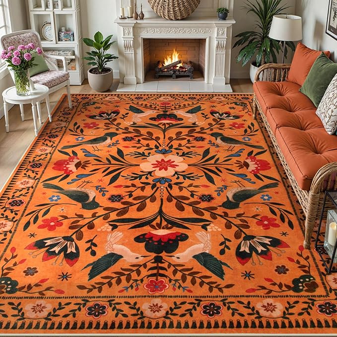 Moynesa Boho Area Rugs 9x12 Living Room, Machine Washable Ultra Thin Soft Bedroom Rug, Indoor Bird Floral Pattern Print Large Orange Carpet for Hardfloor Dining Room Under Table Playroom