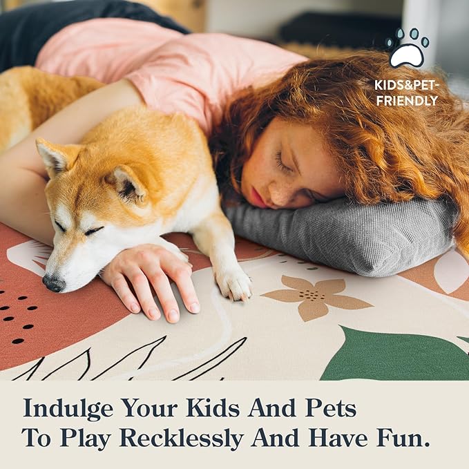 Lahome 4x6 Area Rugs, Washable Rug 4x6 for Living Room Soft Carpet for Bedroom Nursery Kids Room, Botanical Print Non-Slip Low Pile Carpet for Entryway Office Playroom Kitchen, Coral