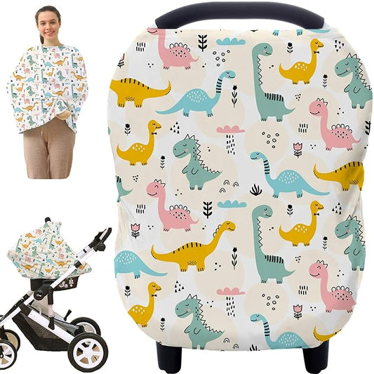 Multi-use Carseat Covers Breastfeeding Cover - Car Seat Covers for Babies, Stretchy Carseat Canopy Cover, Boys and Girls Shower Gifts (Colours Dinosaur)