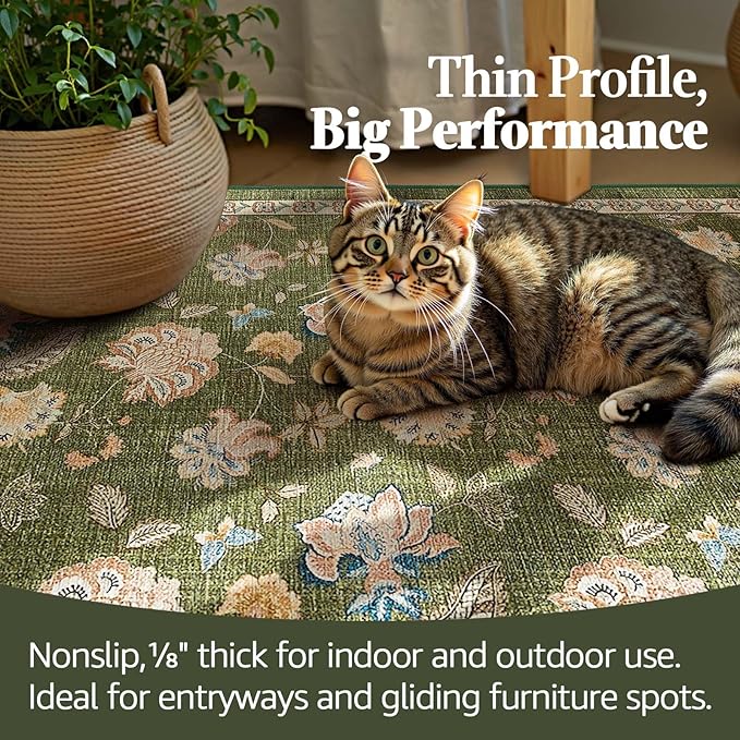 jinchan Floral Corner Rug for Living Room Washable Bedroom Rug Vintage Romance Design Non Slip Quarter Circle Lightweight Low-Pile Throw Carpet for Reading Nook Playroom,7ft Radius, Green