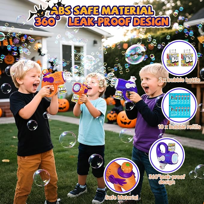 Halloween Bubble Machine Gun for Kids: 2 Pack Automatic Bubble Maker Blaster Toys with LED Lights, 10 Refill Solutions, Pumpkin & Ghost Bubble Blower for Halloween, Party Favor, Toddlers 3-8 Gifts