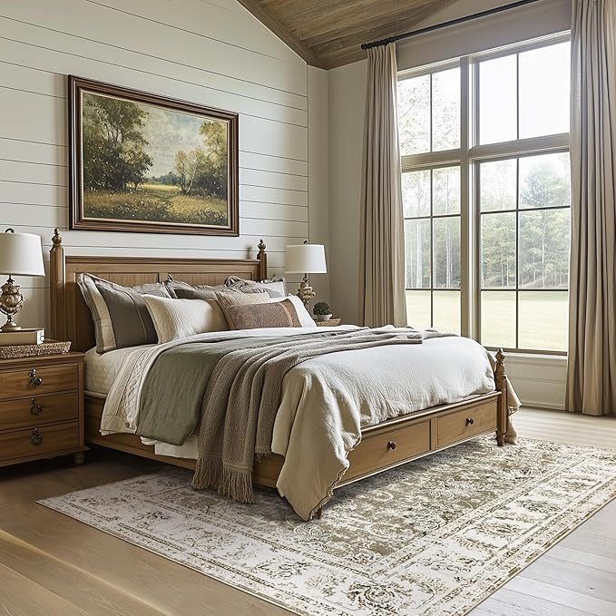 jinchan Washable Area Rug 5x7 Ultra-Thin Low Pile Non Slip Stain Resistant Soft Faux Wool Floral Distressed Vintage Carpet for Bedroom,Living Room,Dining Room,Kitchen,Nursery(Taupe, 5' x 7')