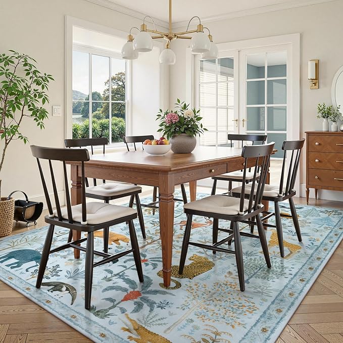 OJIA Animal Area Rugs 8x10, Soft 8x10 Washable Rugs for Living Room Bedroom, Non-Slip Boho Ultra-Thin Dining Room Rug Large Throw Carpet for Farmhouse Playroom Office, Light Blue