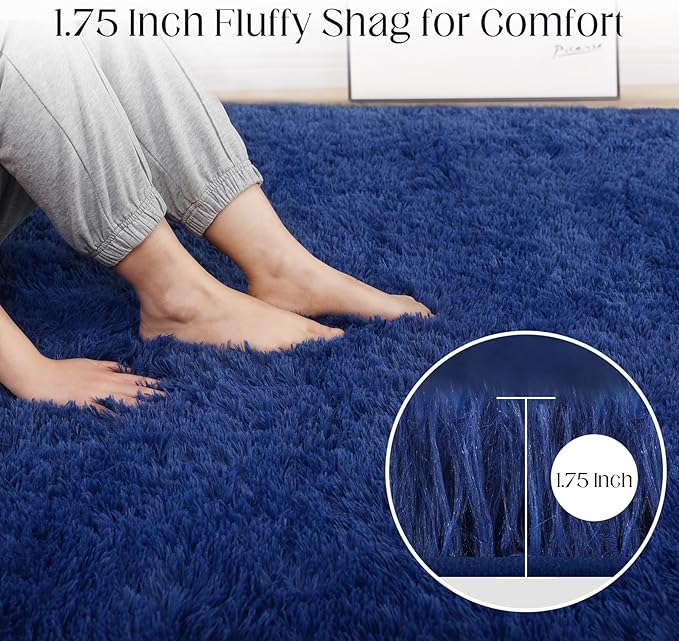 Soft 9x12 Blue Rug, Fluffy Area Rugs for Living Room, Plush Navy Area Rugs for Bedroom, Non-Slip Indoor Carpet for Nursery, Study Room, Kids Room, Room Decor