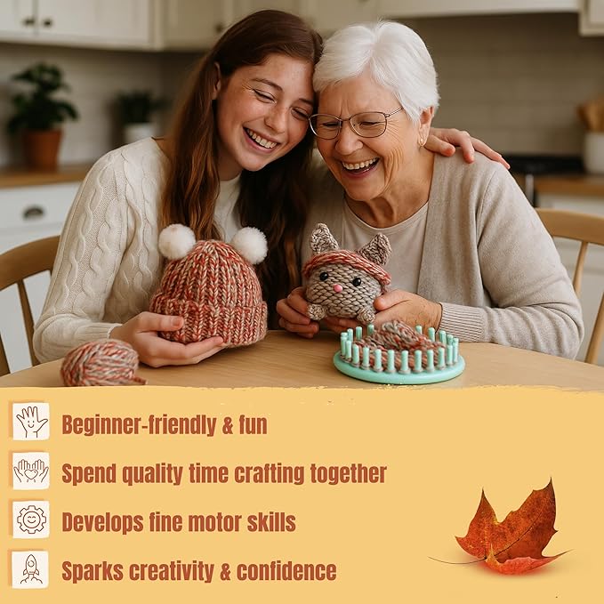 CRAFTILOO Knitting Kit for Kids – Beginner Knitting Kit to Make a Hat & Cat – Quick Knit Loom Kit with Yarn, Tools & Instructions – Knitting for Beginners Kit for Girls & Boys Ages 8+