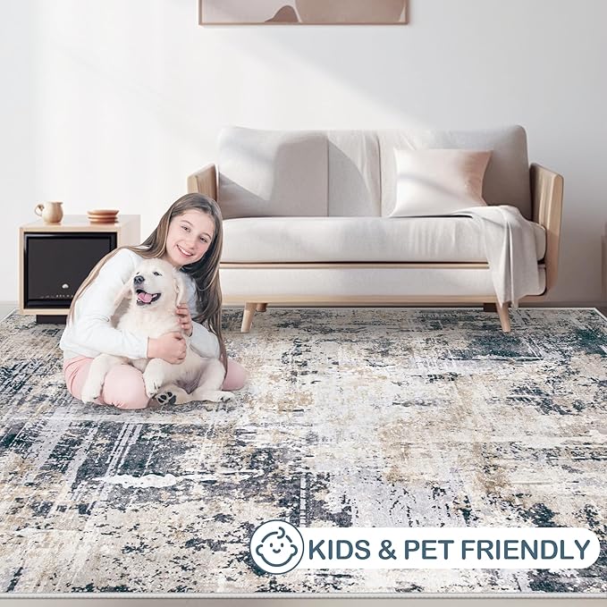 Area Rugs 6x9 Living Room: Washable Rug Modern Abstract Large Rugs Soft Non Slip Neutral Rug Stain Resistant Indoor Carpet for Bedroom Kitchen Dining Room Nursery Home Office Rugs(Black Brown,6'x9')