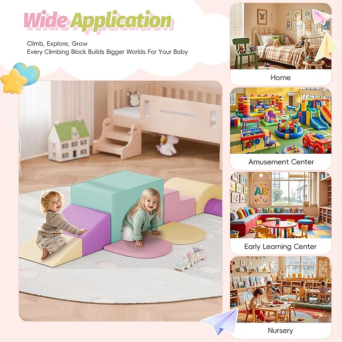 ‌Soft Climbing Toys for Toddlers, 7-Piece Baby Soft Foam Climbing Blocks, PU Leather Gym Climb and Crawl Activity Play Set, Indoor Climbing Toys for Kids and Children, Pink