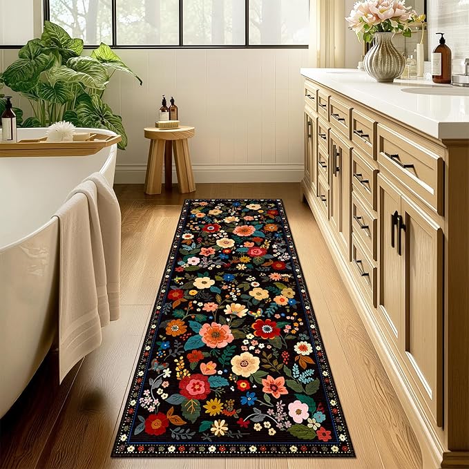 Floral 2x6 Area Rug Machine Washable Soft Print Boho Carpet Non Slip Doormat Low Pile Flower Area Rugs for Living Room Bedroom Nursery Kitchen Dining Room Indoor-Black