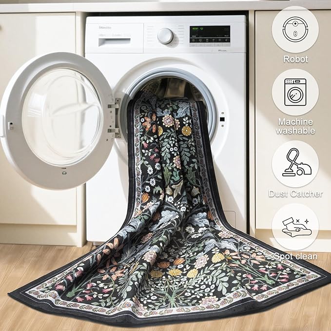 10x12 Area Rugs for Living Room: Floral Washable Rug Vintage Large Soft Boho Non-Slip Carpet Indoor Stain Resistant Low Pile Carpets for Bedroom Dining Room Farmhouse Nursery Home Office Dark Black