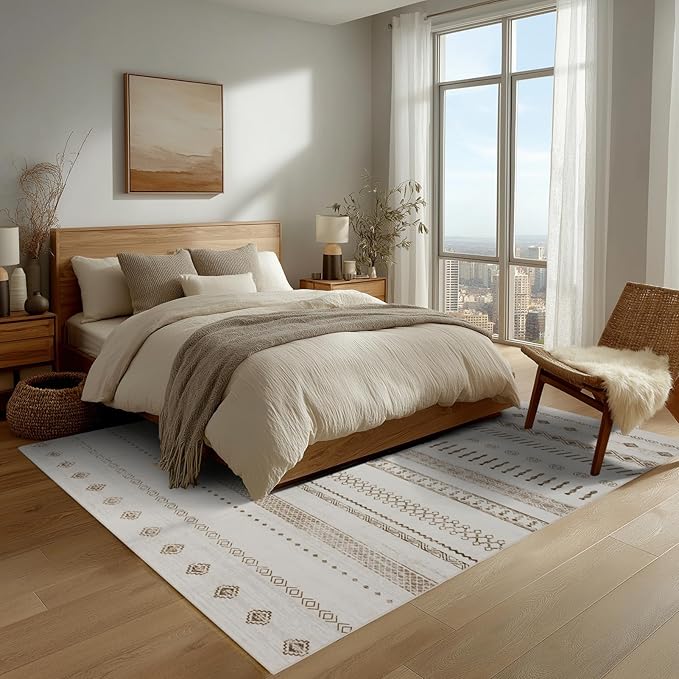 Washable 6x9 Area Rug for Living Room, Boho Carpet for Bedroom Dining Room, Non Slip&Non-Shedding Resistant Low Pile Vintage Print Rug for Home Office (Beige)