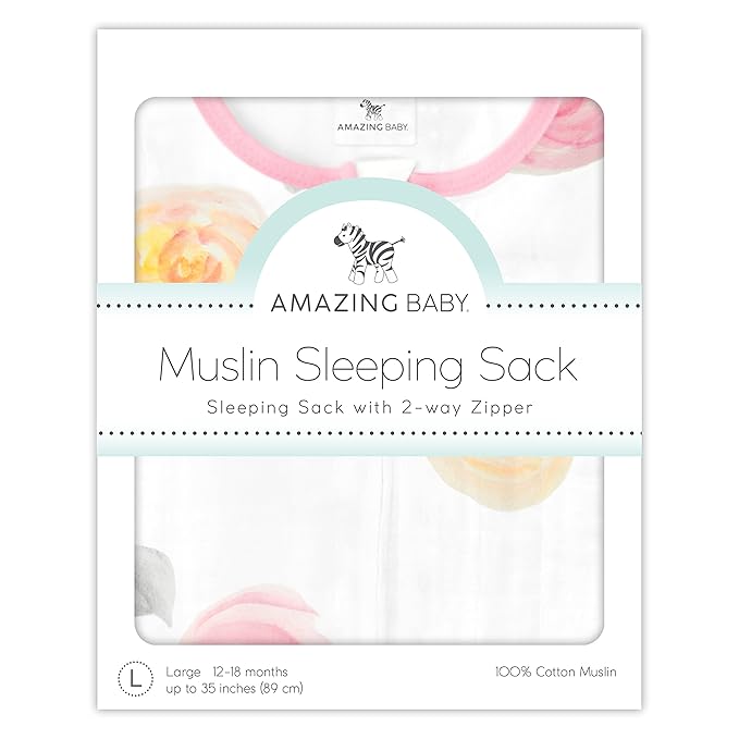 Amazing Baby Cotton Muslin Sleeping Sack, For Baby Girl, Wearable Blanket with 2-way Zipper, Watercolor Roses, Pink, Small (0-6 Month)