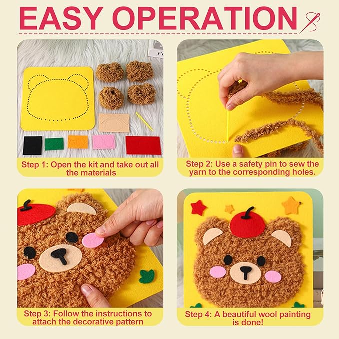 DIY Embroidery Doll Kit, Cartoon Animal Craft Sewing Kit for Kids, Felt Crafts, Beginner Sewing for Kids Ages 4-8 Plus - Helps Develop Fine Motor Skills (3PCS-Deer/Elephant/Bear)