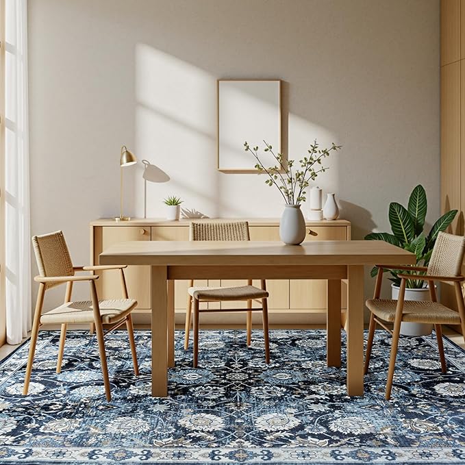 Blue 9x12 Area Rugs for Living Room, Washable Large Rug, Vintage Floral Soft Carpet, Non Slip & Low Pile, Wool Carpets for Indoor Bedroom Dining Home Playroom Office Under Table, Blue Garden