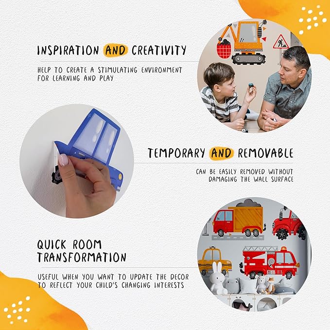 Car Wall Decals by Lipastick - Peel and Stick Transport Road Trucks Stickers for Boys Room, Toddler Bedroom, Baby Nursery, Kids Playroom, Living Room- Removable Decor - M Size