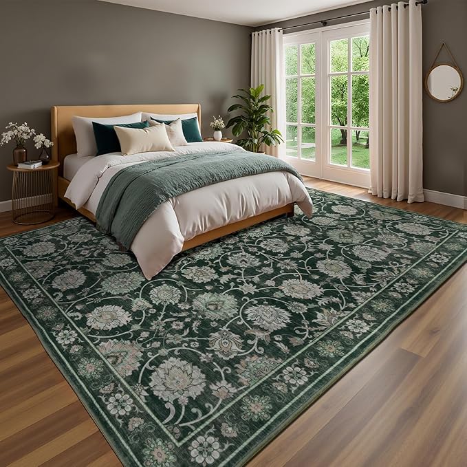 Floral 9x12 Area Rugs for Living Room, Washable Large Rug, Vintage Soft Carpet, Non Slip & Low Pile, Wool Carpets for Indoor Bedroom Dining Home Playroom Office Under Table, Dark Green