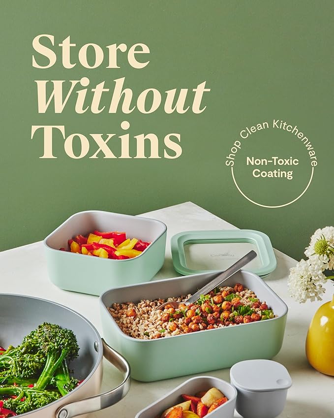 Caraway Glass Food Storage - 6.6 Cup Ceramic Coated Container - Non-Toxic, Non-Stick Lunch Box With Lids - Dishwasher, Oven, & Microwave Safe - Perracotta