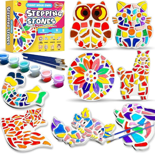 EggSun 8Pcs Stepping Stones Painting Craft Kit for Kids 4 8 6, DIY Garden Stones Outdoor Paint Your Own Ceramic Rainbow Arts and Crafts for Boys Girls Ages 4 7 9 10 12 Birthday Gifts