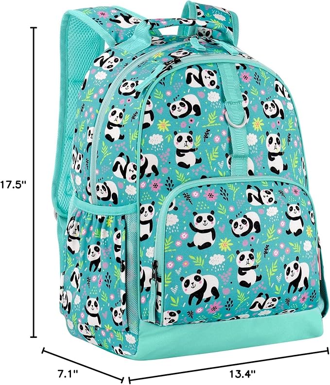 Choco Mocha Panda Backpack for Girls, Elementary School Backpack for Girls Ages 6-8 Kids Kindergarten Backpack Bookbag 17 Inch with Chest Strap, Teal