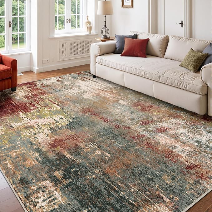 Washable Area Rugs 5'x7' Non-Slip Modern Abstract Soft for Living Room Entryway Bedroom Nursery, Print Pattern, Brown Rust Red Multi