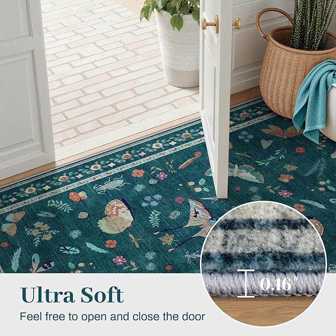 4ft Washable Round Rug - Bug Rugs for Living Room Non-Slip Low Pile Soft Ultra-Thin Machine Washable Circle Carpet for Bedroom, Entryway, Nursery, Kitchen, Home Office (4' Round Teal)