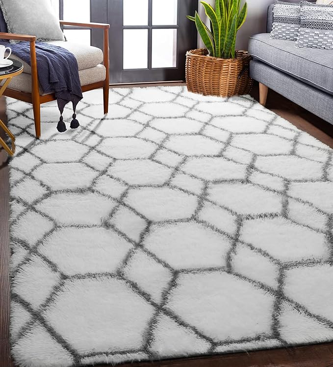 ONASAR Area Rugs for Living Room, Washable 5x8 Fluffy White and Grey Rug for Bedroom, Geometric Moroccan Indoor Shaggy Boho Soft Plush Floor Carpet for Kids Teen Nursery Dorm Home Decor Aesthetic