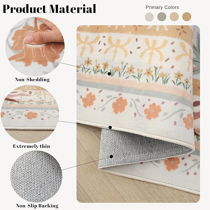 Runner Rug for Kitchen Rug Non Slip 2'x6' Washable Rugs with Rubber Backing Soft Vintage Floral Botanical Carpet Runner for Kitchen, Laundry, Bedroom, Bathroom, Yellow