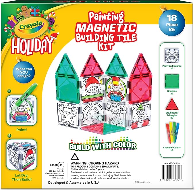CreateOn Crayola PaintOn Holiday Magnetic Tiles, Magnetic Kids’ Building Toys, STEM Learning Travel Toys for Boys and Girls, 18-Piece Set