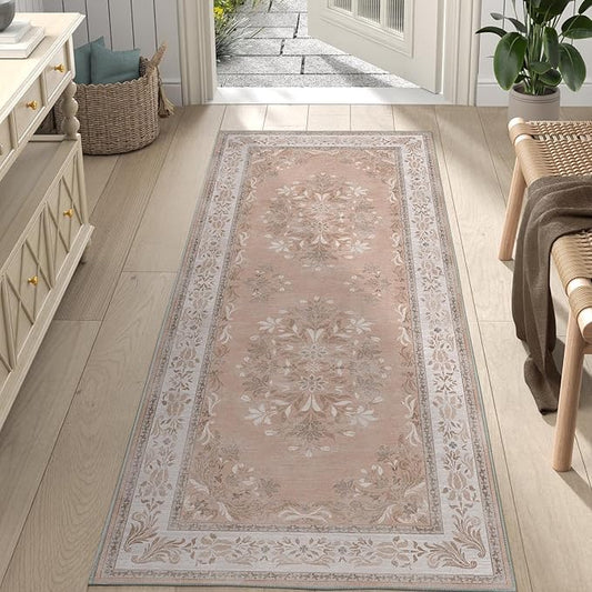jinchan Vintage Floral Runner Rug 2x5 - Machine Washable Distressed Design Non-Slip Low-Pile Soft Thin Carpet for Hallway Kitchen Farmhouse Bedroom Entryway Laundry Room (2x5ft,Coral Pink)