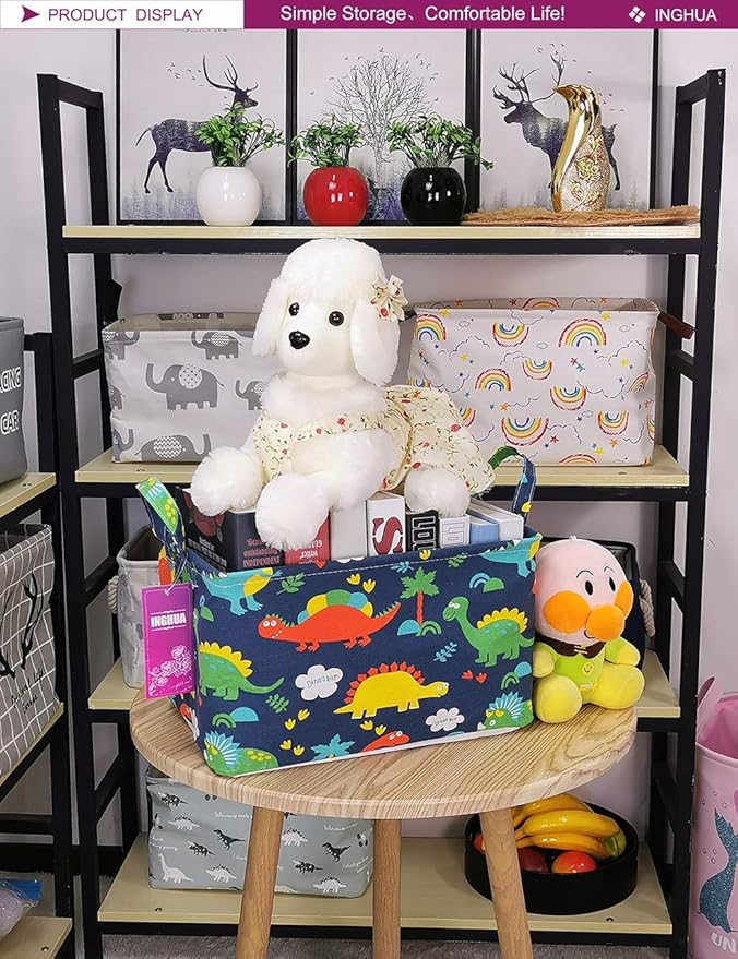 Rectangular Storage Basket Fabric Organizer Bin for Toys,Books,Clothes,Gifts,Pets-Perfect for Home,Office,Nursery,Dorm,Shelf(Rec Forest Dinosaurs)