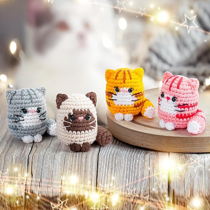 Crochet Kit for Beginners -4 PCS Cat Crochet Kit with Step-by-Step Video Tutorials, Learn to Crochet Kits for Adults and Kids, Beginner Crochet Kits for Adults, Animals Cat Crafts Knitting Kit