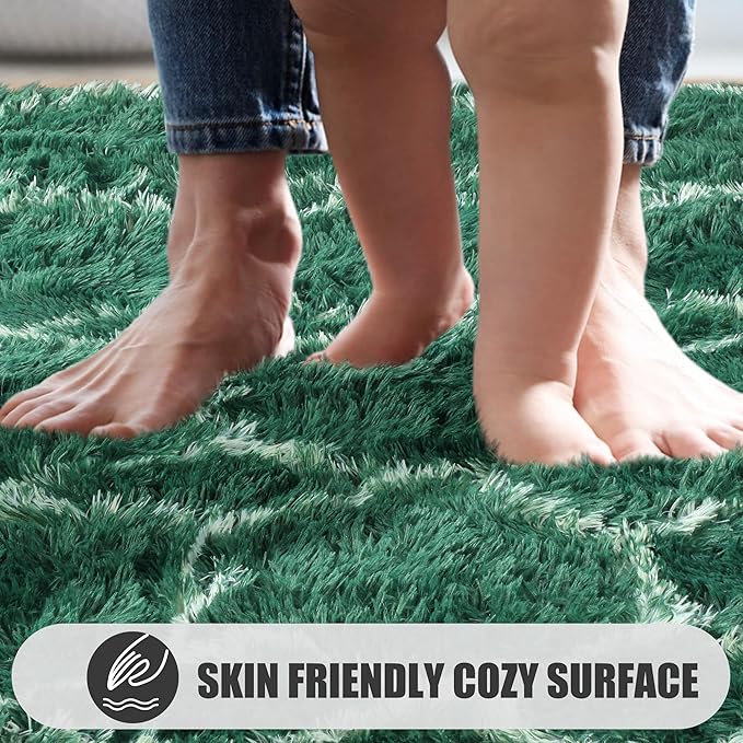 ONASAR Area Rugs for Living Room Bedroom, 5x8 Washable Fluffy Dark Green and White Rug, Geometric Boho Soft Plush Shaggy Fuzzy Floor Carpet for Nursery Kids Girls Boys Teen Dorm Home Decor Aesthetic