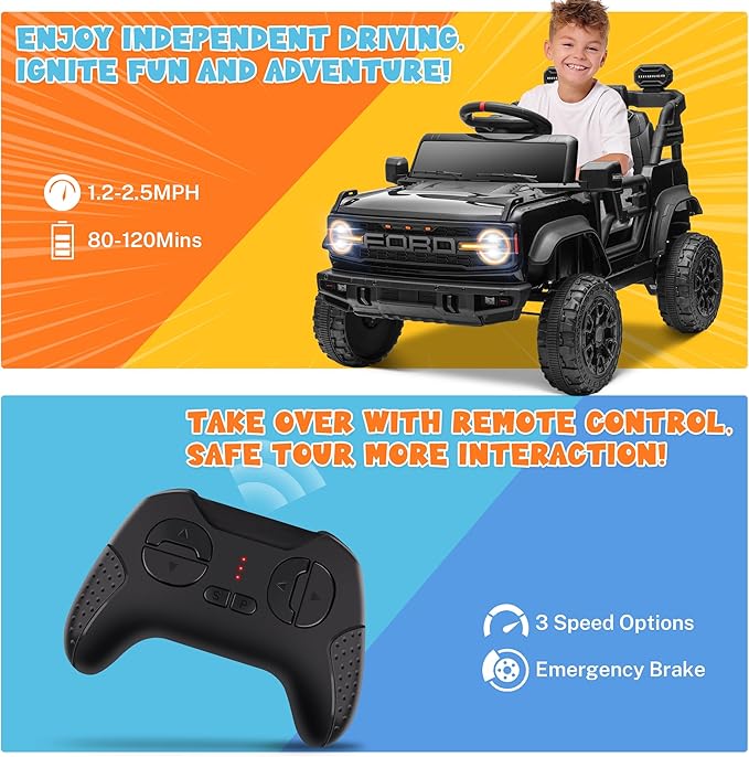 ENYOPRO 12V Licensed Ford Bronco Raptor Ride On Truck Car for Kids, Electric Play Car Ride-On Toy w/Parent Remote Control, 4-Wheel Suspension, Bluetooth Music, LED Lights, Ideal Kids Car Gift (Black)
