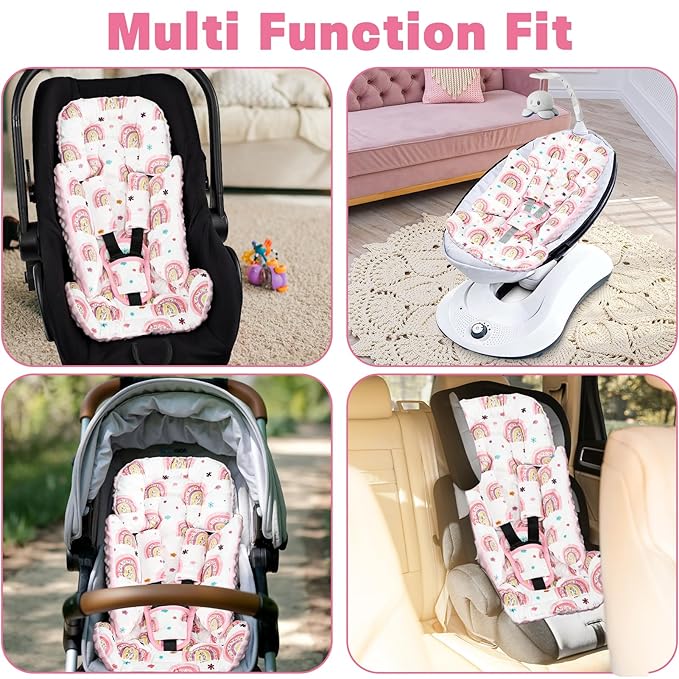 Infant Car Seat Insert with 3 Strap Covers, 3 in 1 Reversible Rainbow Baby Car Seat Head Support for Newborn, Baby Girl Newborn Essentials for Preemie to Infant, Stroller, Swing, Bouncer (Pink)