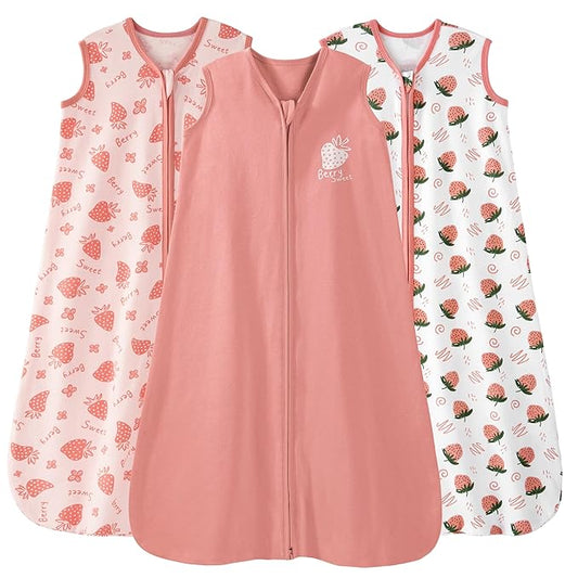 Baby Sleep Sack 12-18 Months 0.5 Tog Wearable Blanket Baby, 3 Pack 100% Cotton Lightweight Sleeping Sack with 2-Way Zipper for Infant Toddler Strawberry