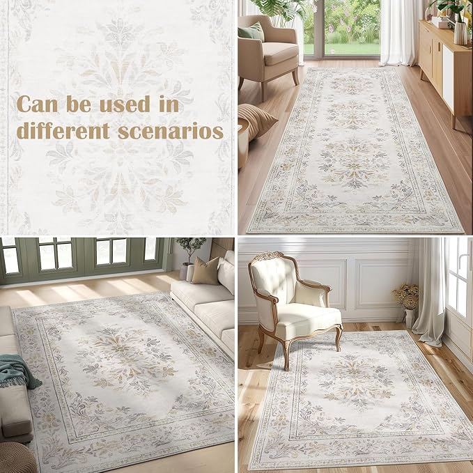 jinchan Vintage Floral Runner Rug 2x5 - Machine Washable Distressed Design Non-Slip Low-Pile Soft Thin Carpet for Hallway Kitchen Farmhouse Bedroom Entryway Laundry Room (2x5ft,Light Grey)