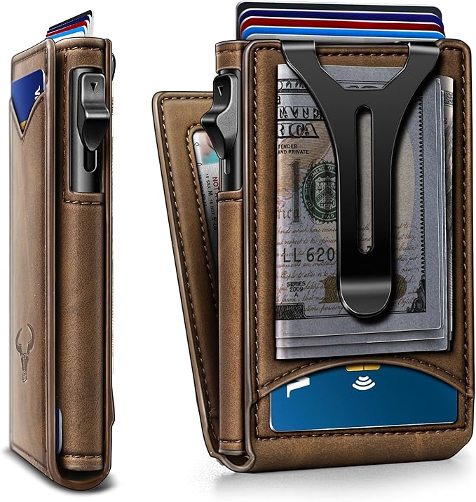 BULLIANT Men Wallet,Money Clip Wallet Slim For Gift Men 9Cards-Metal Credit Card Case in Magnetic Leather Flip