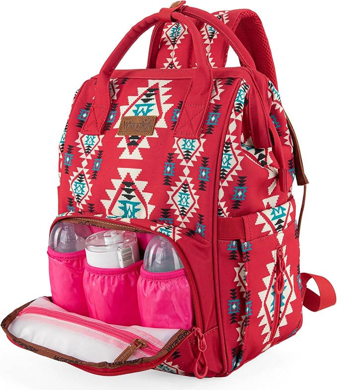 Wrangler Aztec Backpack Organized Daypack Travel Baby Bag with Stroller Strap and Side Bottle Pockets WG2204-9110BDY