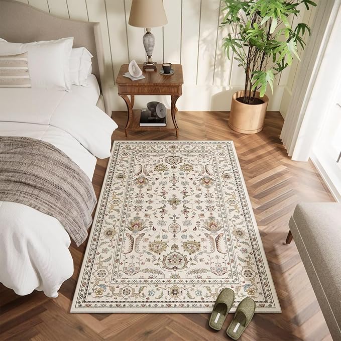 Washable 3x5 Entryway Rug Indoor, Boho Non-Slip Silicone Backing Small Rugs for Kitchen Nursery Office Bedroom, 0.3" Neutral Oriental Throw Carpet with 0.16" Cushioning Pad, Light Beige/Multi