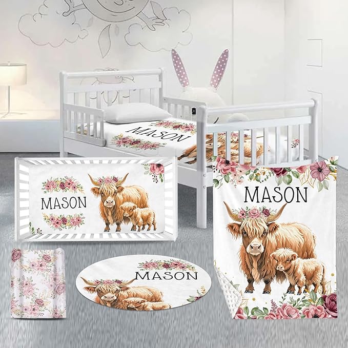 Custom Nursery Crib Bedding Set: Personalized Name 4 Piece Flower Highland Cow Design Baby Crib Sets for Baby Girls - Toddler Double Layer Blanket Set, Comfortable Crib Bed Sheets for Baby Toddlers