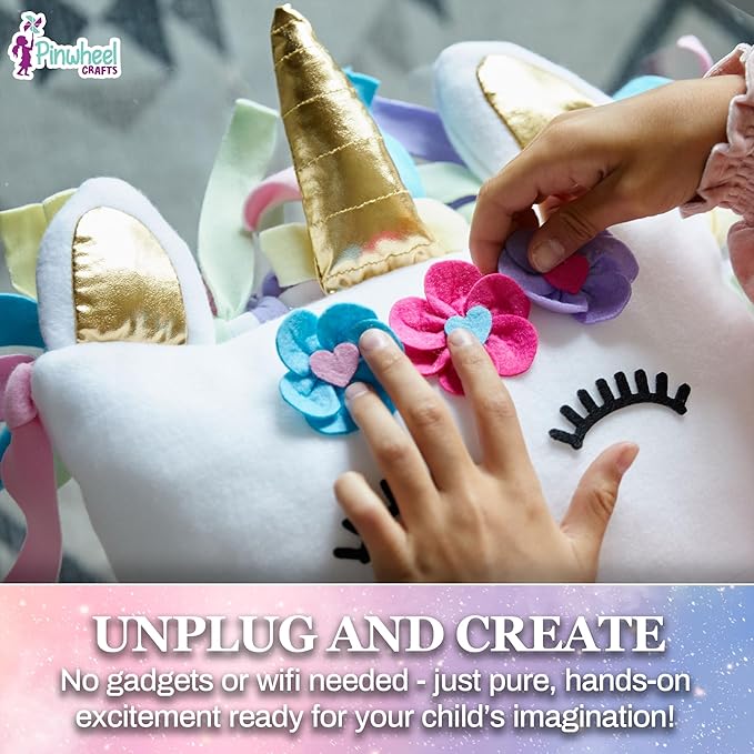 Pinwheel Crafts Unicorn Pillow Kit - DIY Arts and Crafts for Kids Ages 6 7 8-12+ Years, No Sewing Kit for Kids, Unicorn White Pillow Craft Kits for Birthday, Christmas Gifts for Girls