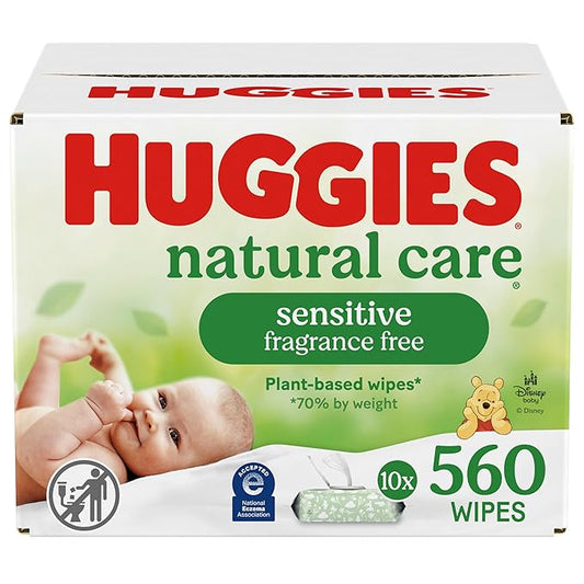 Huggies Natural Care Sensitive Baby Wipes, Unscented, Hypoallergenic, 99% Purified Water, 10 Flip-Top Packs (560 Wipes Total)